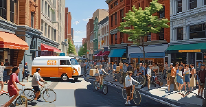 A busy city street with delivery vans, pedestrians, and cyclists, illustrating the challenges of last-mile delivery.
