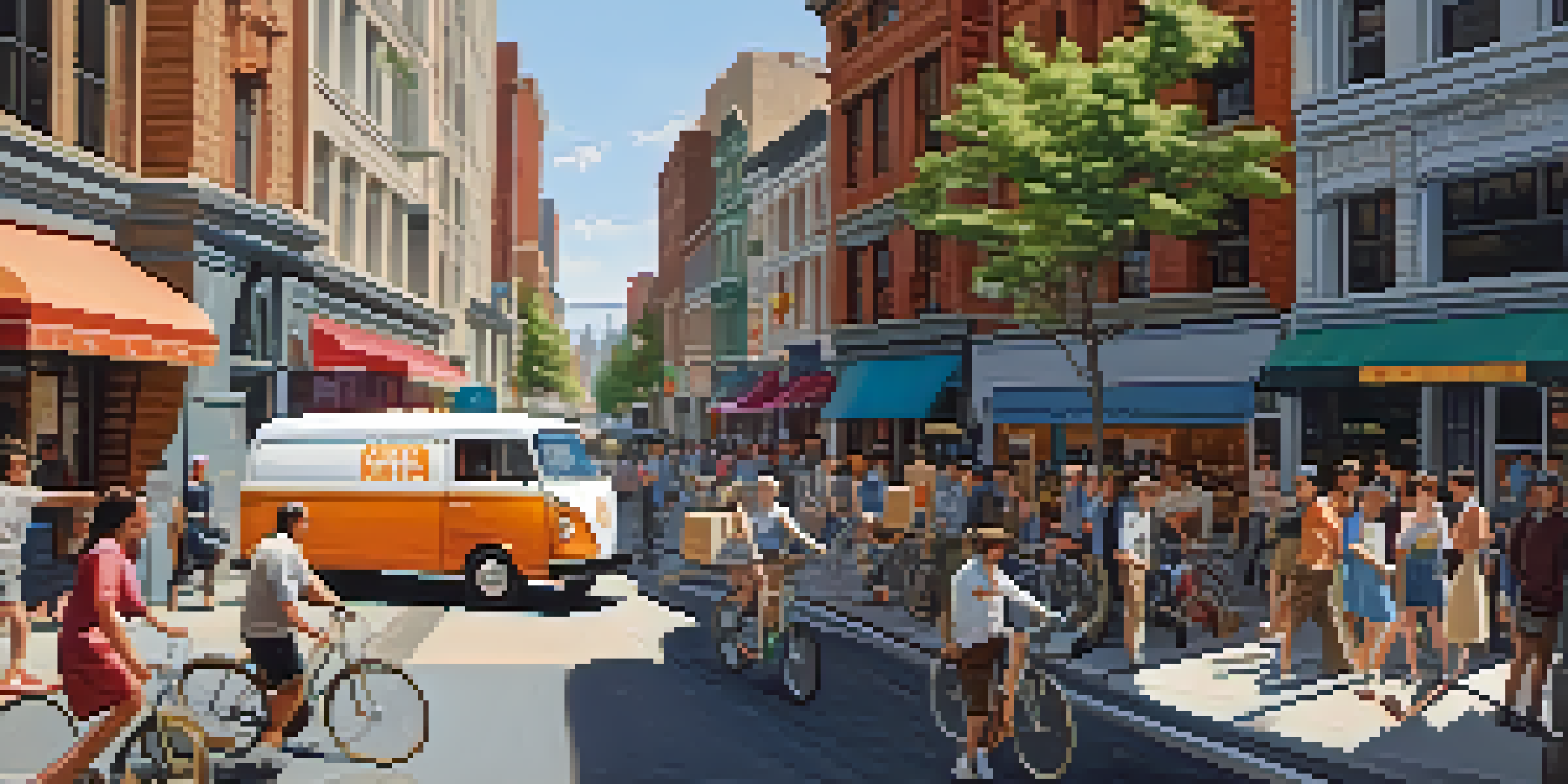 A busy city street with delivery vans, pedestrians, and cyclists, illustrating the challenges of last-mile delivery.