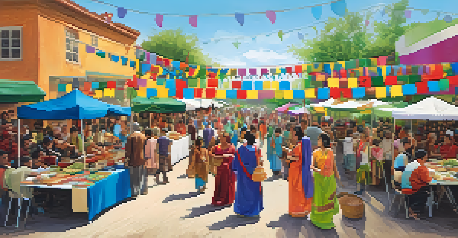 A lively community event with diverse cultural booths and performances, showcasing joy and collaboration among attendees.