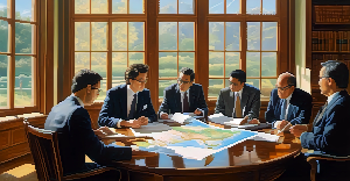 A group of diverse professionals engaged in discussion about international IP laws, with a world map and documents on a table, warmly lit by sunlight.