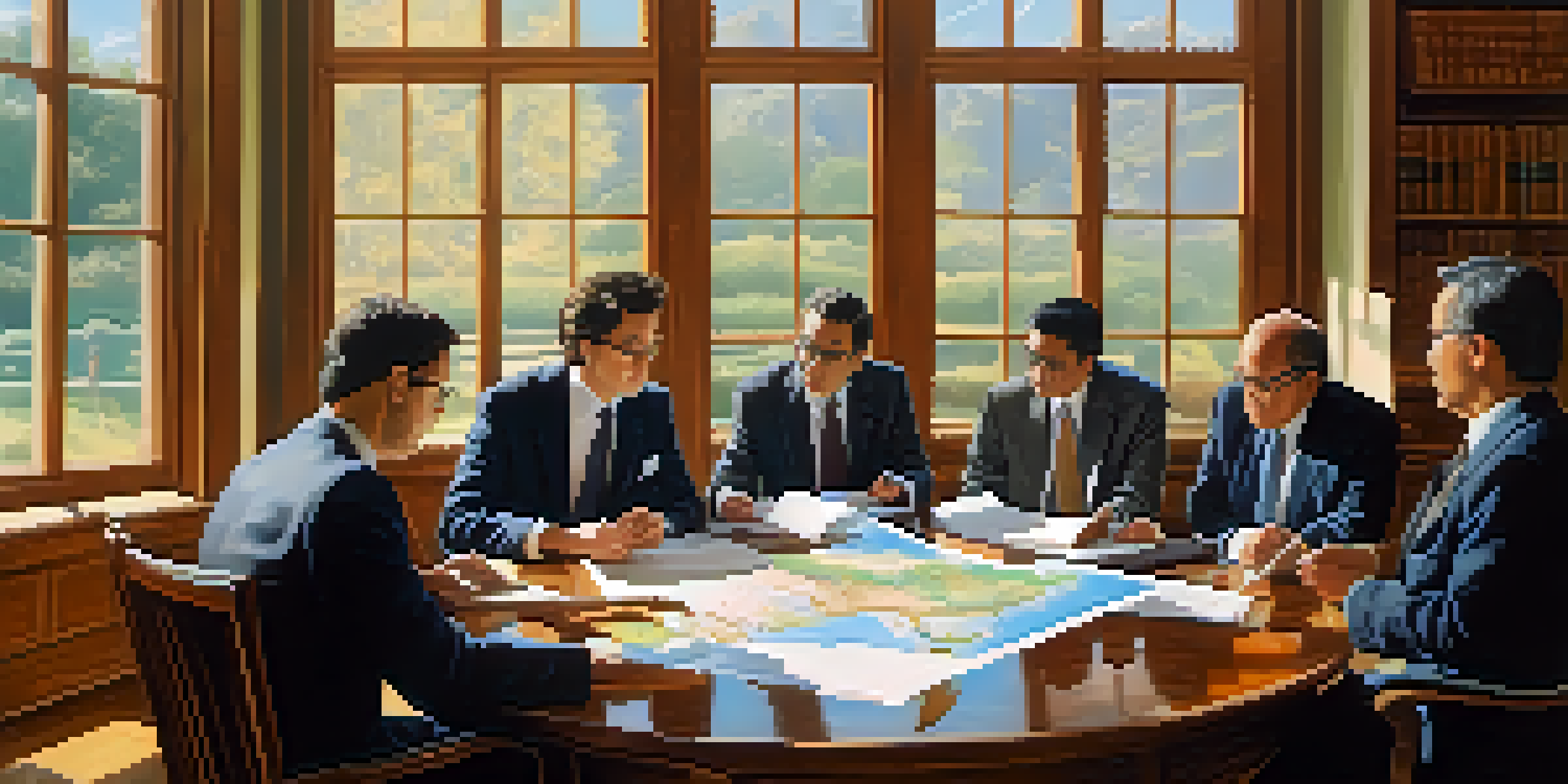 A group of diverse professionals engaged in discussion about international IP laws, with a world map and documents on a table, warmly lit by sunlight.