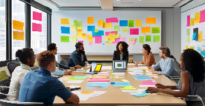 A diverse group of professionals collaborating around a conference table with colorful post-it notes and digital screens.