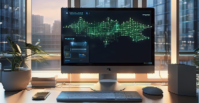 A computer screen showing a digital blockchain ledger with interconnected blocks and glowing lines, surrounded by a modern office environment.