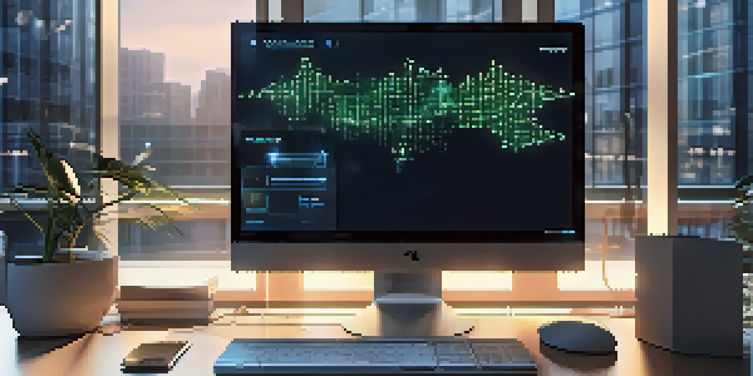 A computer screen showing a digital blockchain ledger with interconnected blocks and glowing lines, surrounded by a modern office environment.