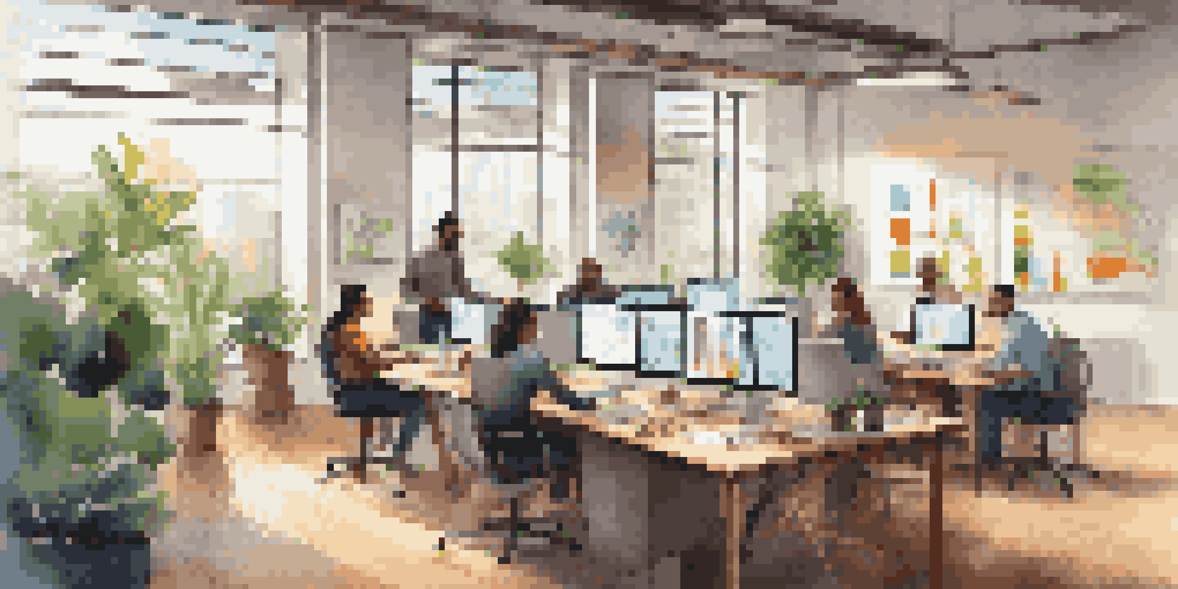 A diverse team of professionals working together in a modern office with laptops and colorful charts.