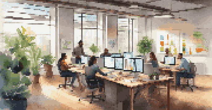 A diverse team of professionals working together in a modern office with laptops and colorful charts.