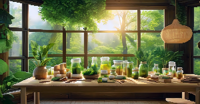 A green forest scene with eco-friendly products like reusable bags and bamboo utensils displayed on a wooden table.
