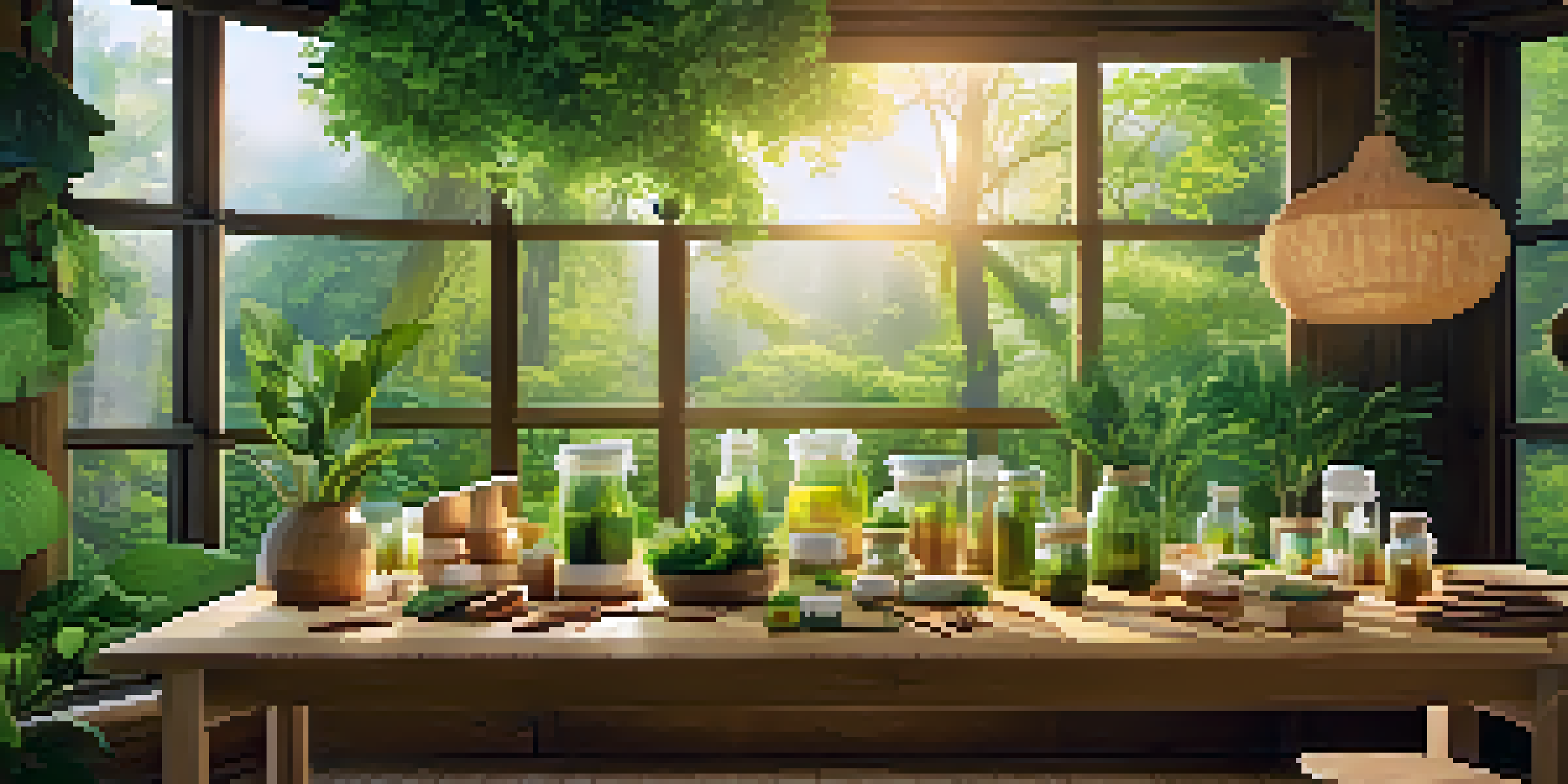 A green forest scene with eco-friendly products like reusable bags and bamboo utensils displayed on a wooden table.