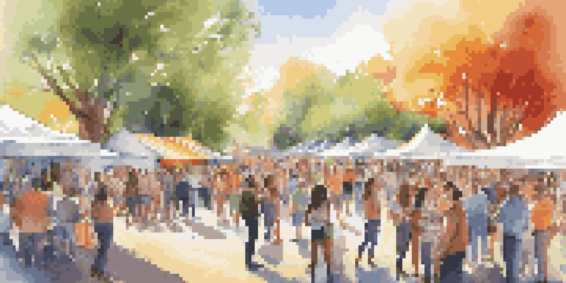 An outdoor marketing event with influencers engaging with an audience, colorful banners, and interactive displays under bright sunlight.