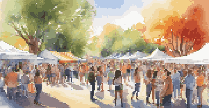 An outdoor marketing event with influencers engaging with an audience, colorful banners, and interactive displays under bright sunlight.