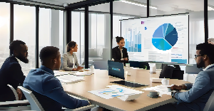 A diverse team of professionals collaborating in a bright conference room, sharing data and discussing strategies with charts on display.