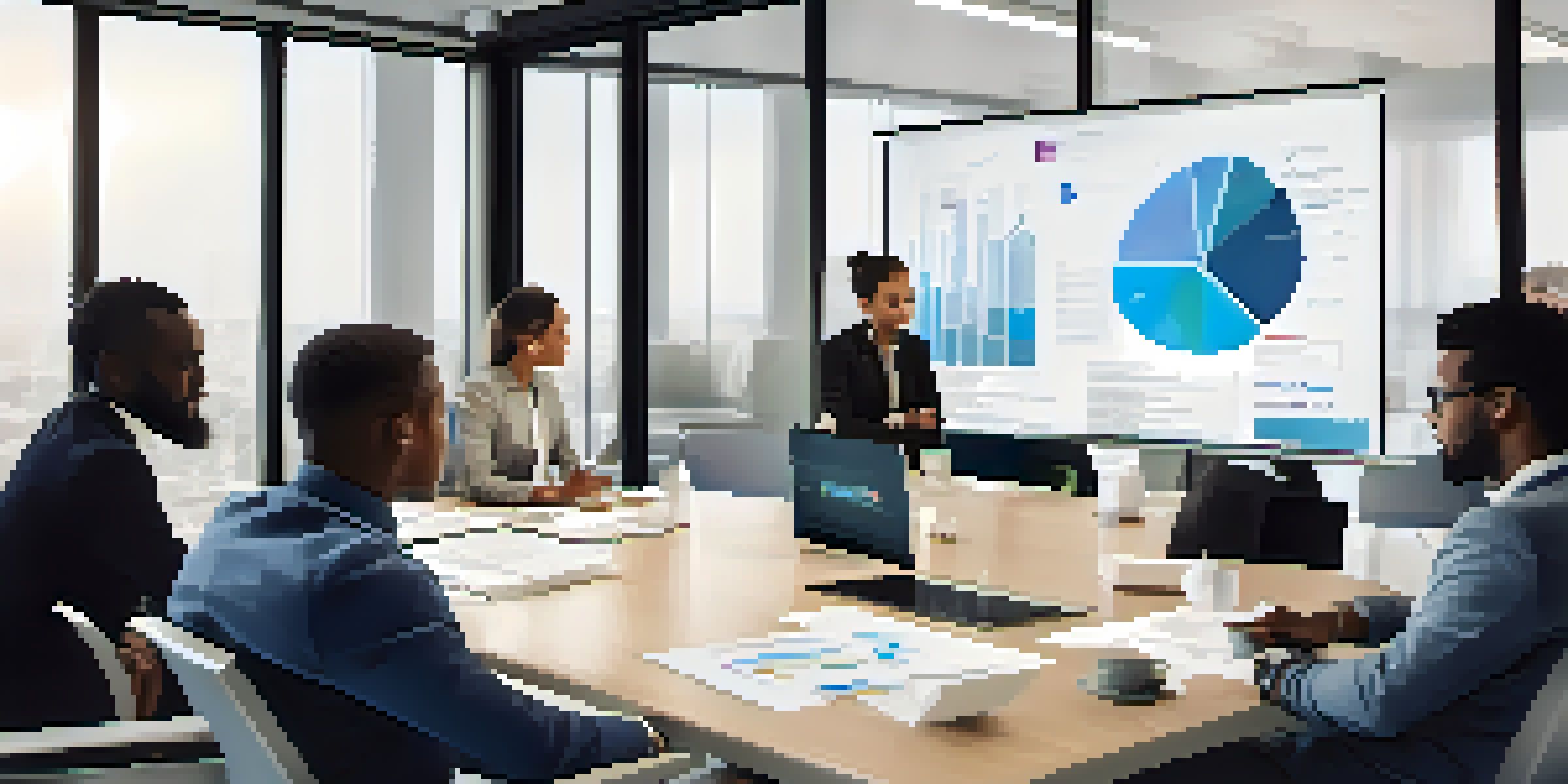 A diverse team of professionals collaborating in a bright conference room, sharing data and discussing strategies with charts on display.
