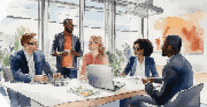 A diverse group of professionals collaborating in a bright, modern office setting.