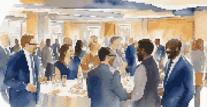 A diverse group of professionals networking at an event, smiling and shaking hands in a warmly lit room.