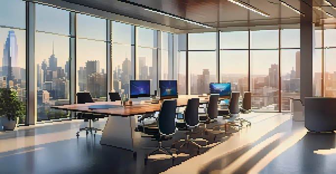 A modern office with a city skyline view, featuring a diverse team analyzing data visualizations together.