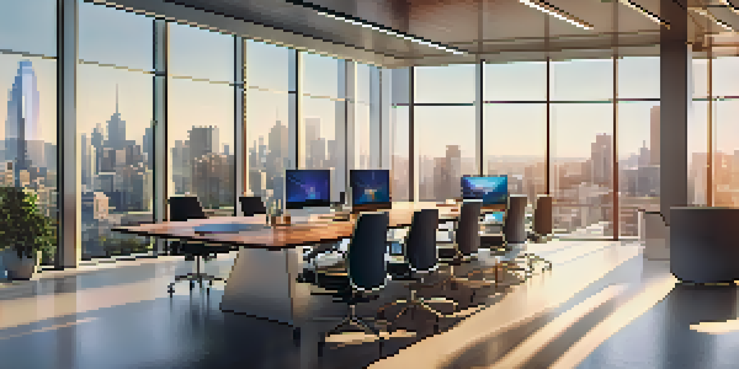 A modern office with a city skyline view, featuring a diverse team analyzing data visualizations together.