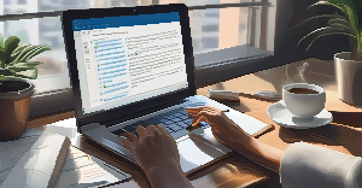Close-up of hands typing on a laptop with a coffee cup, showing a clear email draft on the screen in a stylish workspace.