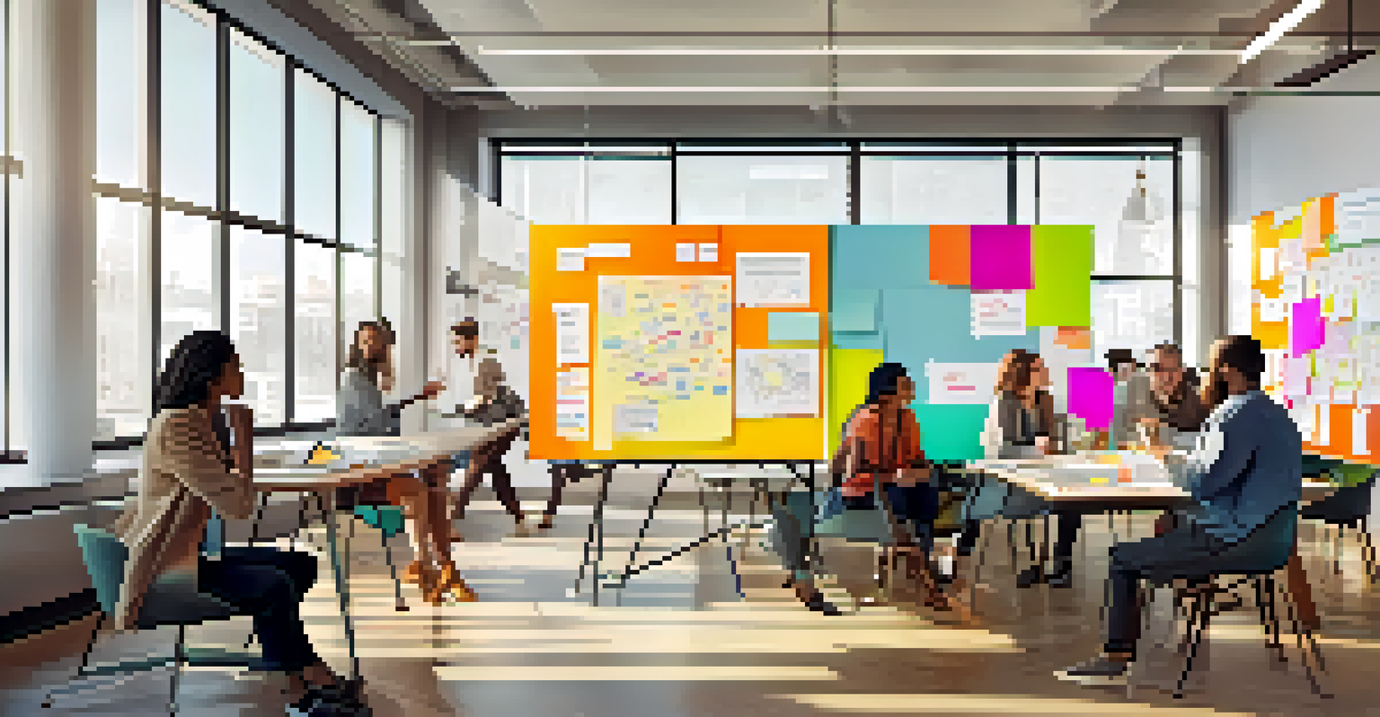 A diverse group of people brainstorming in a bright workspace, surrounded by whiteboards and sticky notes.