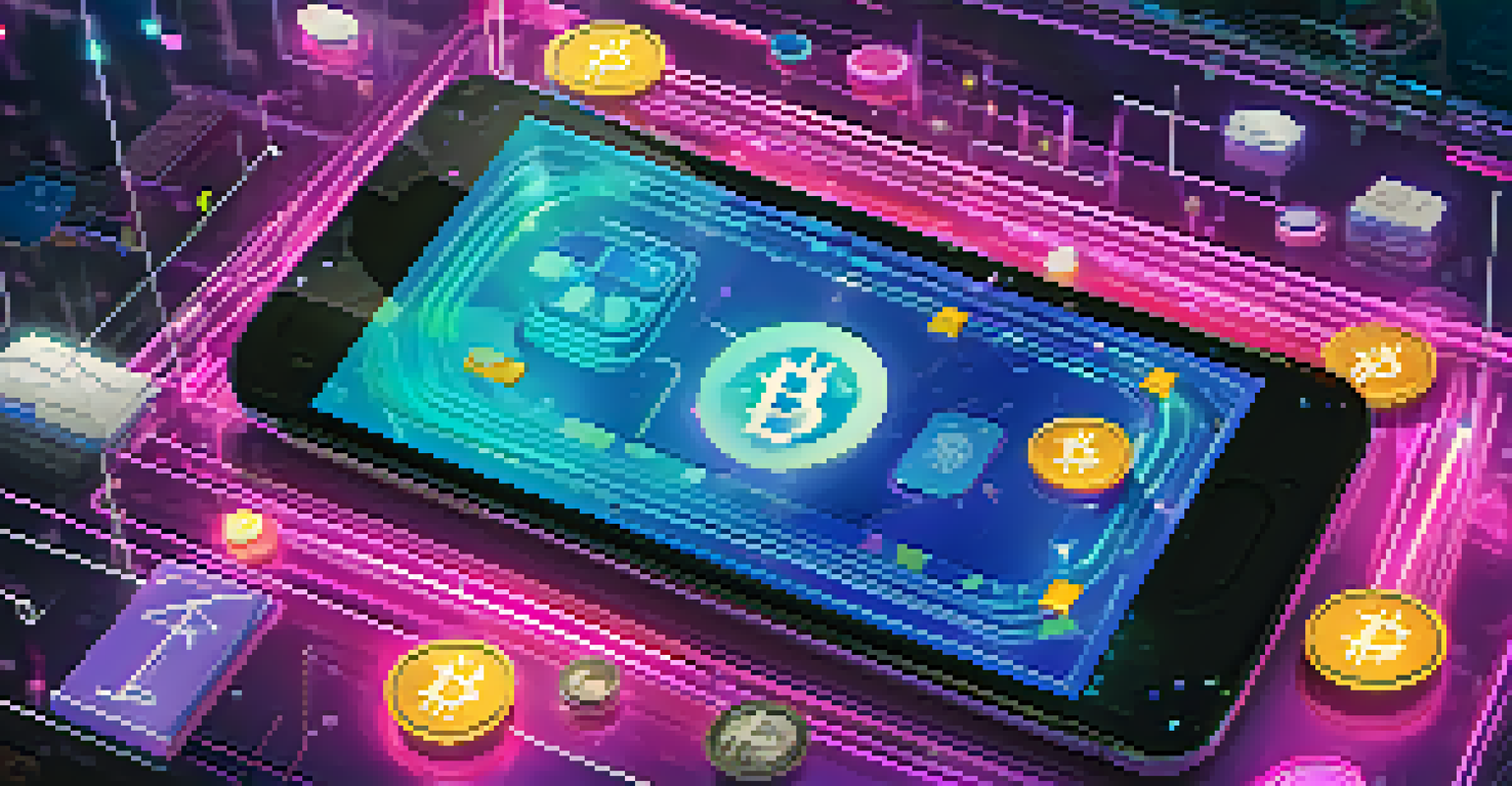 A smartphone displaying a digital wallet with floating currency icons in a high-tech setting.