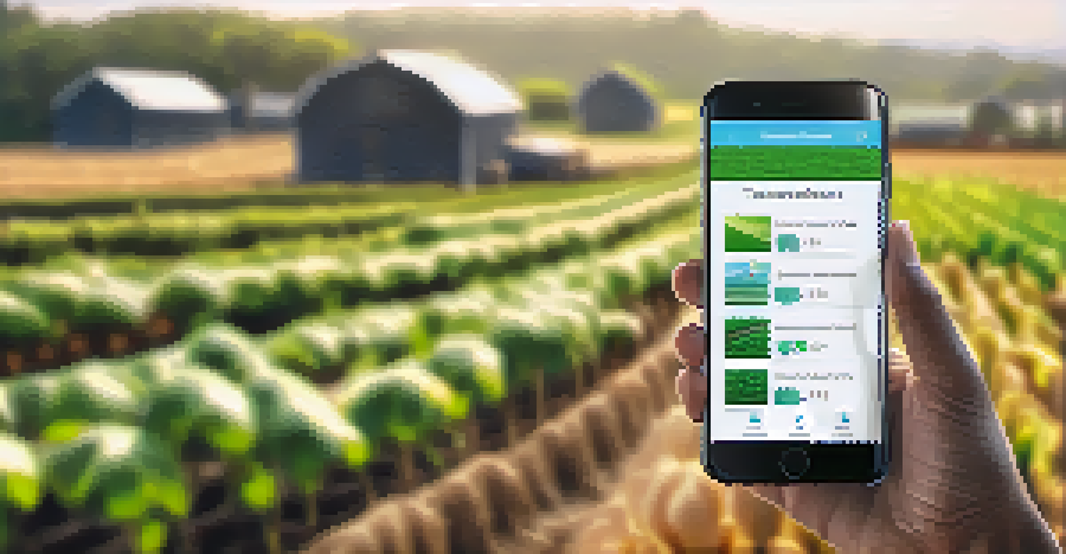 A hand holding a smartphone showing a blockchain app, with a blurred farm scene in the background.