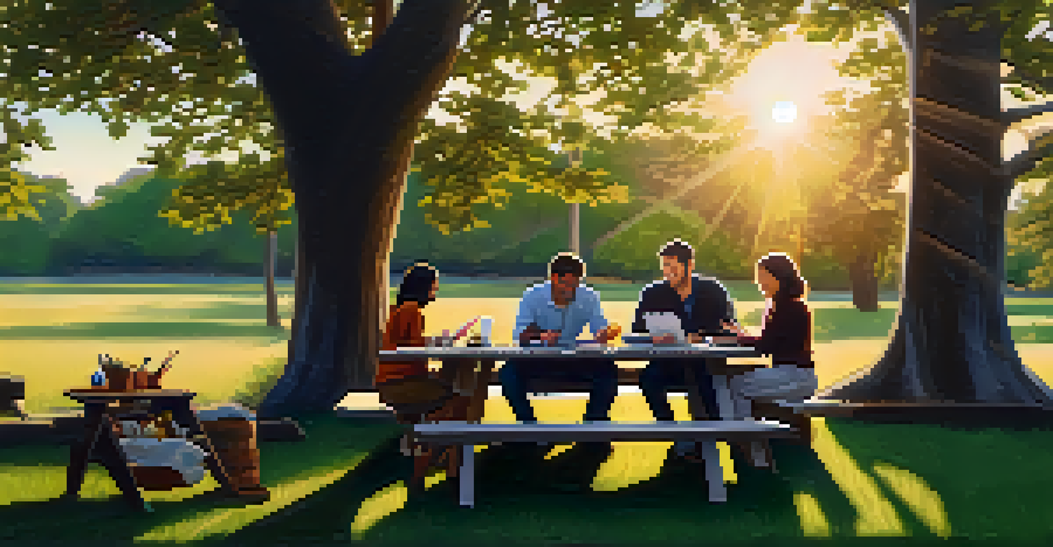 A team collaborating outdoors, sharing stories under a large tree during golden hour.