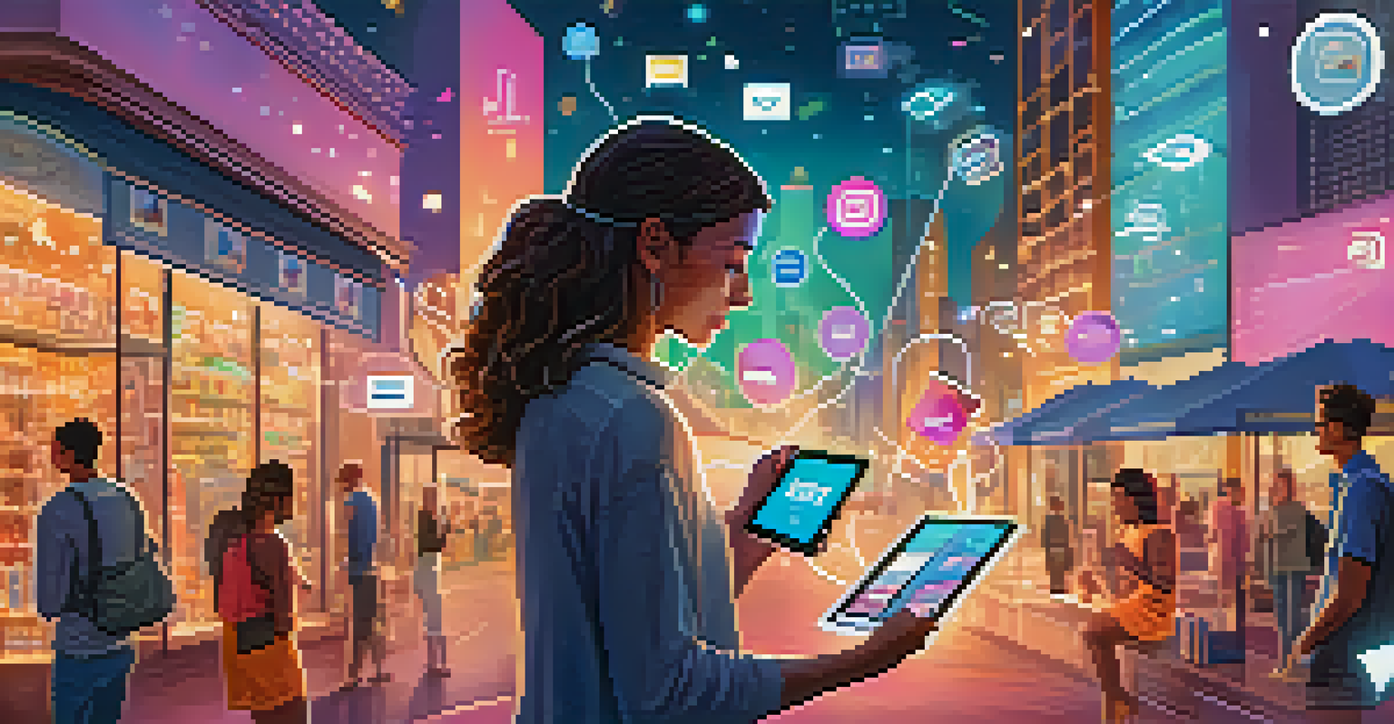 A customer engaging with a digital interface on a tablet, surrounded by floating icons representing various personalized services.