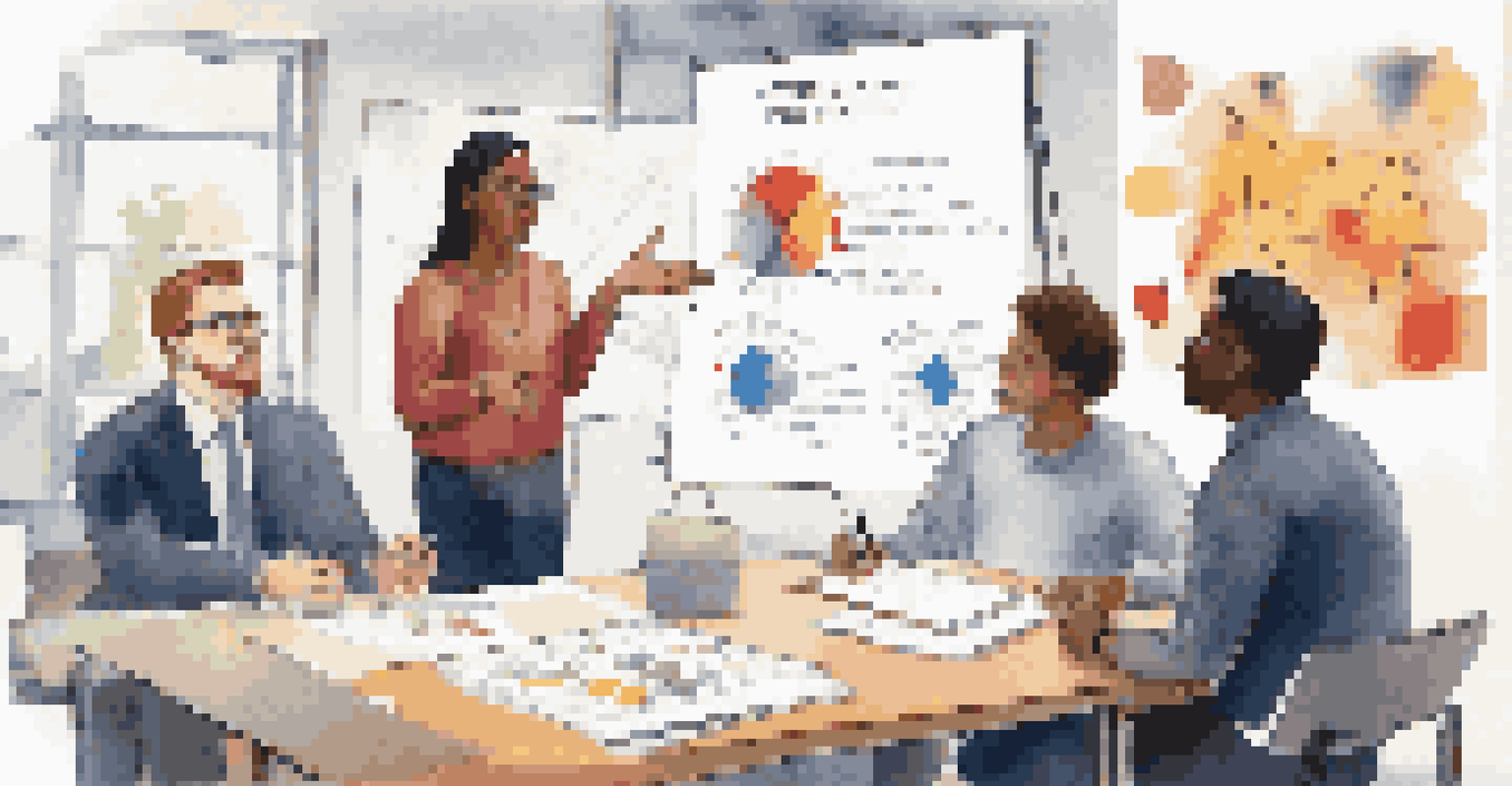 A mentor guiding a young professional in a leadership training session surrounded by colorful charts and materials.
