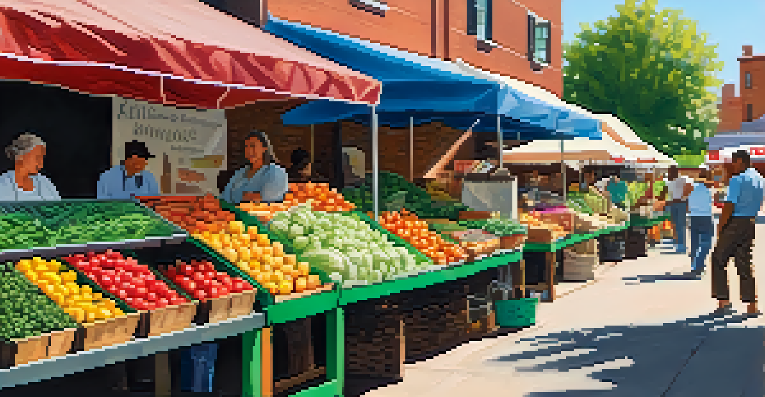 A lively outdoor market filled with fresh produce, vendors, and customers engaging in a colorful and vibrant setting.