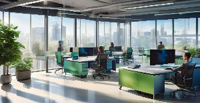 A diverse team of professionals in a bright office collaborating over digital analytics dashboards.