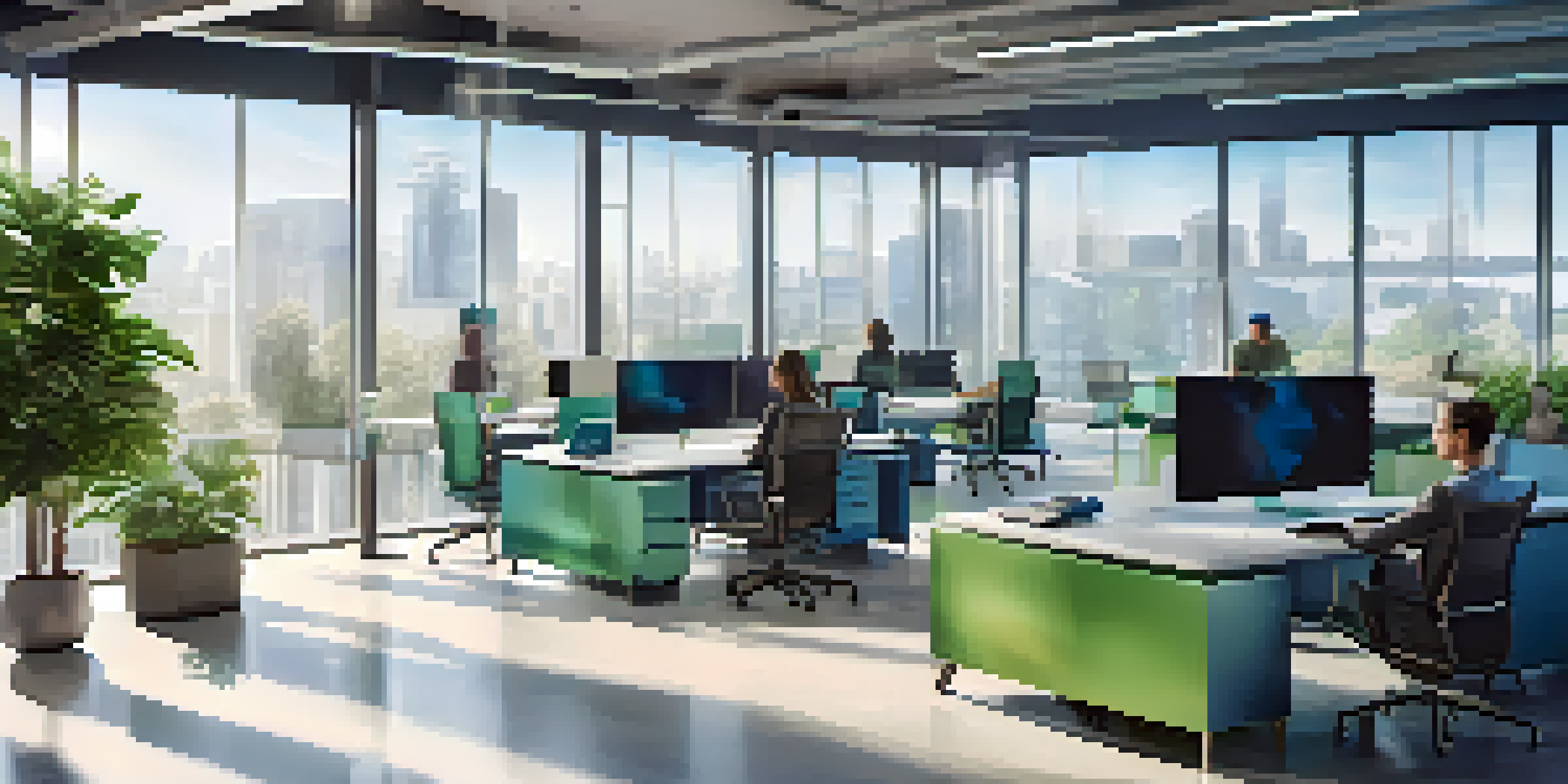 A diverse team of professionals in a bright office collaborating over digital analytics dashboards.