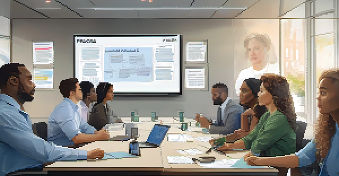 A diverse group of professionals in an office discussing a crisis communication plan, with natural light and motivational posters around.