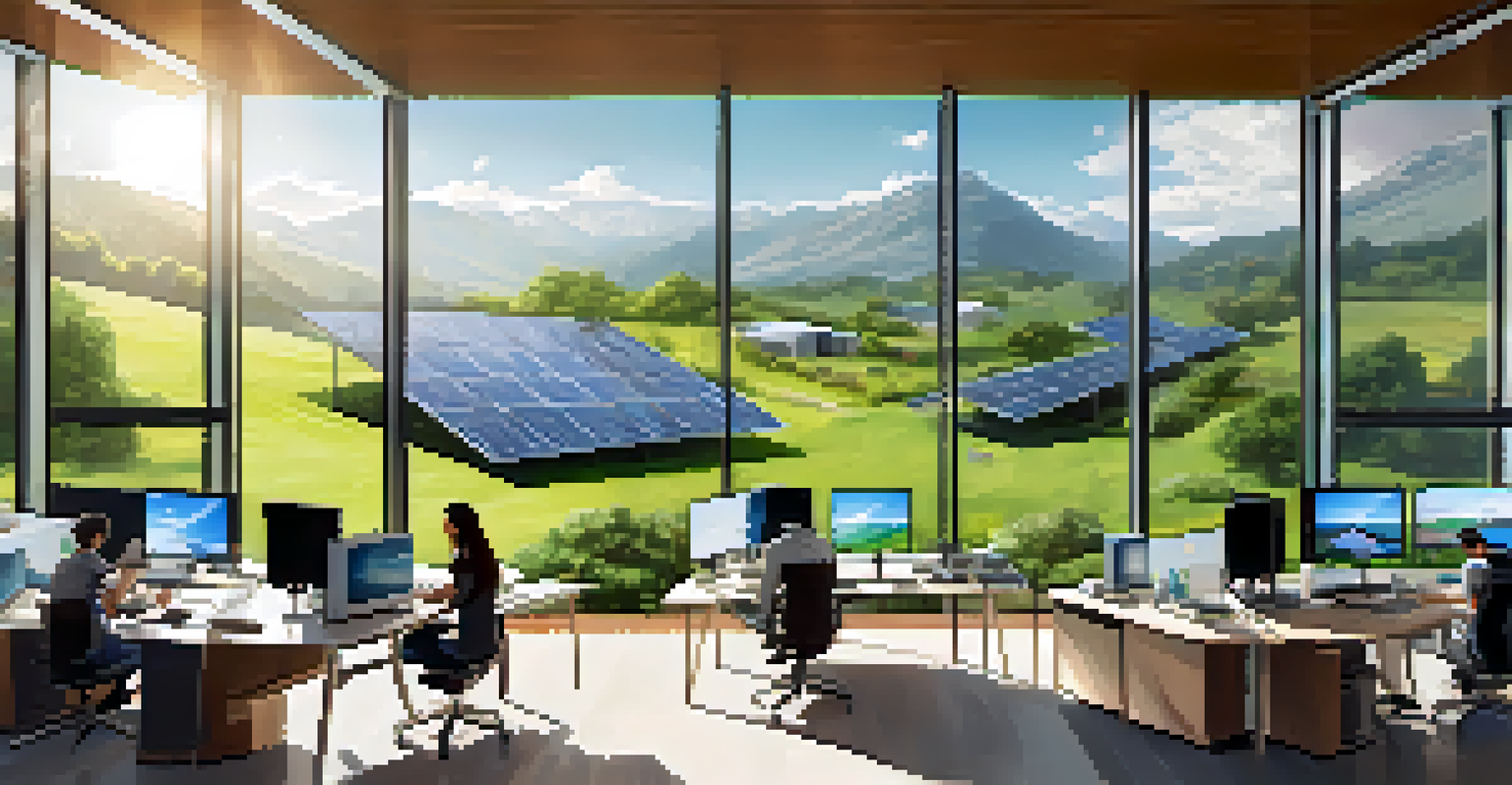 A tech startup office in a green valley with solar panels, large windows, and employees working outside.