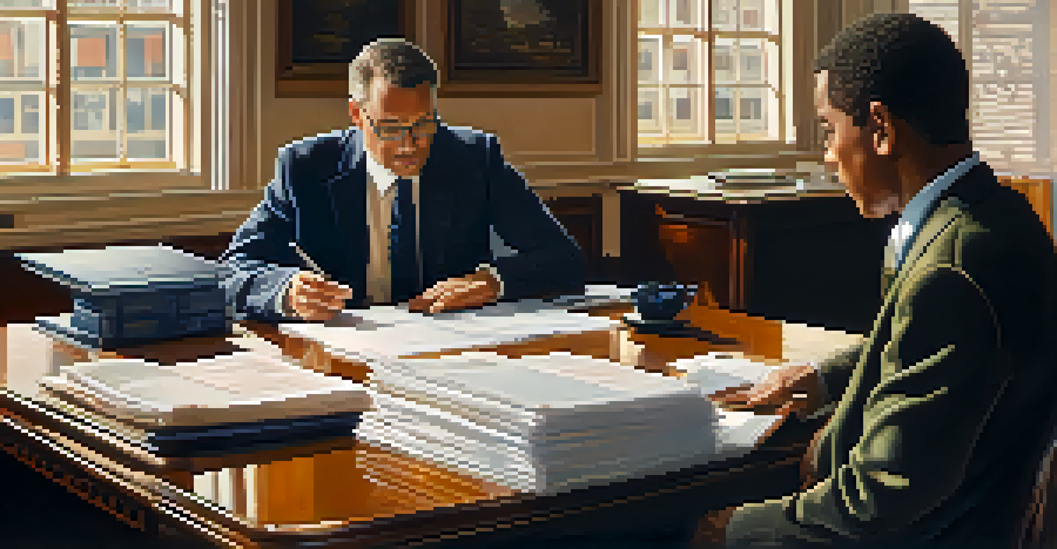 Two professionals discussing a contract at a table, with documents and a laptop, illuminated by natural light from a window.