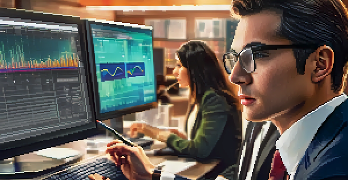 A business professional examining colorful data charts on a computer screen in a warm-lit modern office.