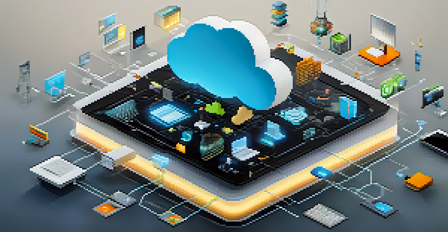 An abstract image of cloud computing with a glowing cloud and colorful icons representing data security and collaboration.