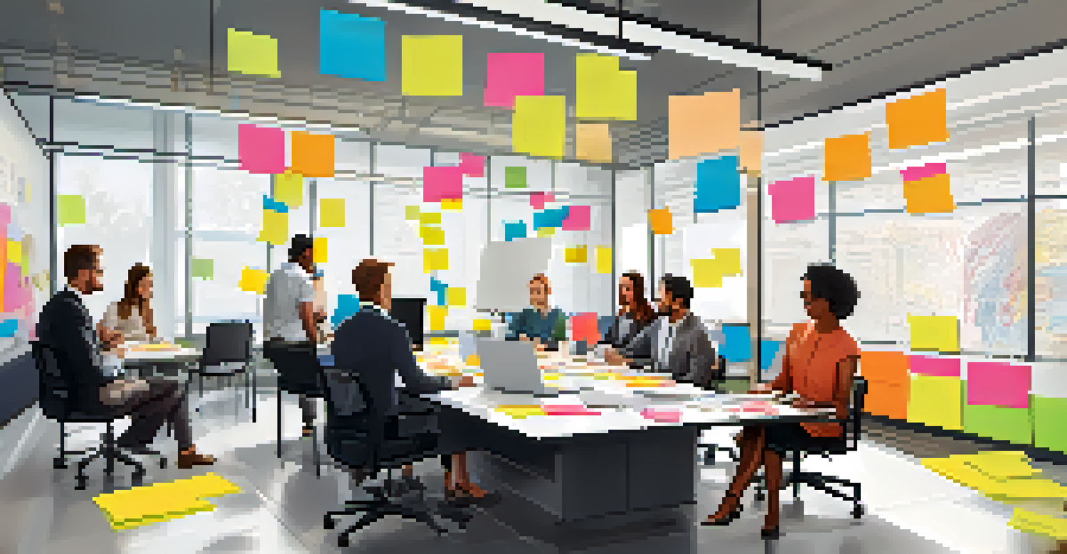A diverse team in a bright office brainstorming ideas around a large table with laptops and colorful notes.
