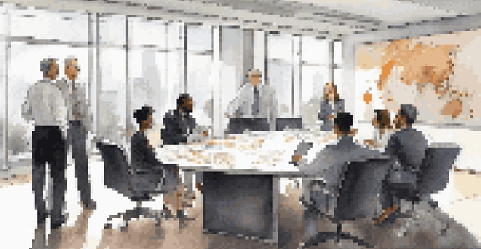 A diverse group of professionals negotiating around a conference table in a well-lit office environment.