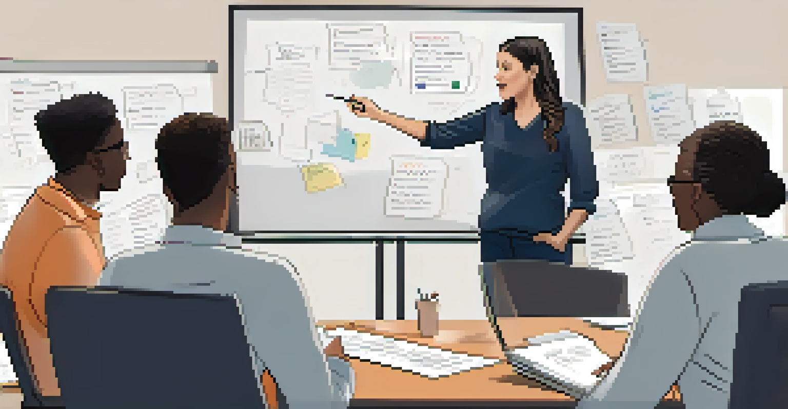 A leader presenting a communication plan to a team, with notes and a whiteboard in the background, highlighting leadership in communication.