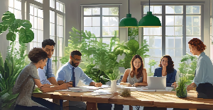 A diverse group of professionals in a bright office, discussing sustainable procurement with plants around them.