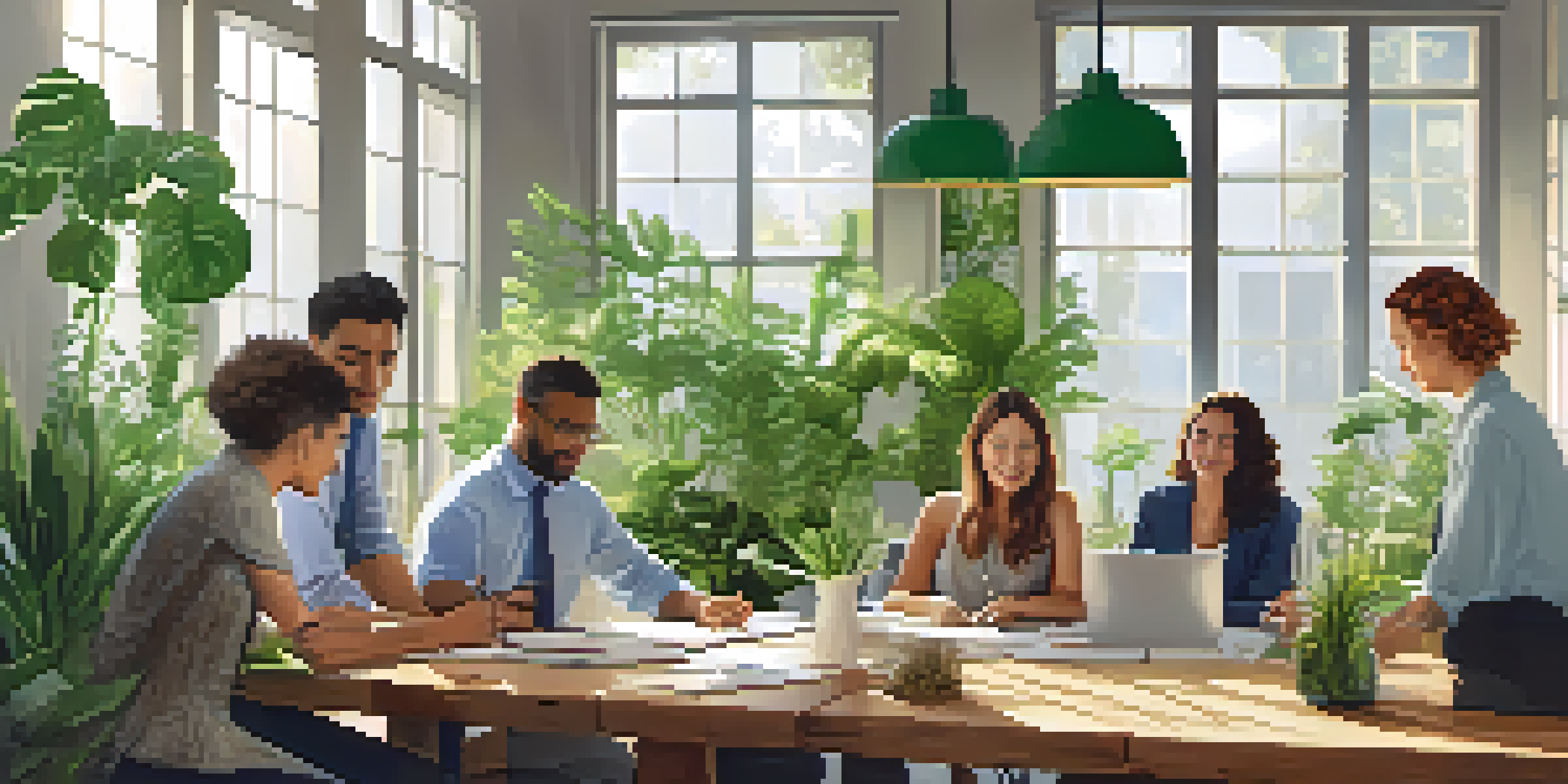 A diverse group of professionals in a bright office, discussing sustainable procurement with plants around them.