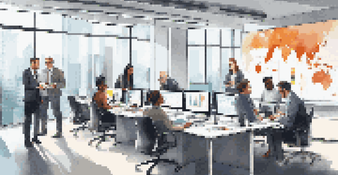 A diverse group of professionals in a modern office discussing data around a conference table with charts displayed on a screen.