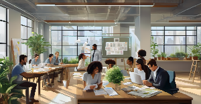 A diverse group of employees sitting around a large table in a bright office, discussing succession planning with charts and documents in front of them.