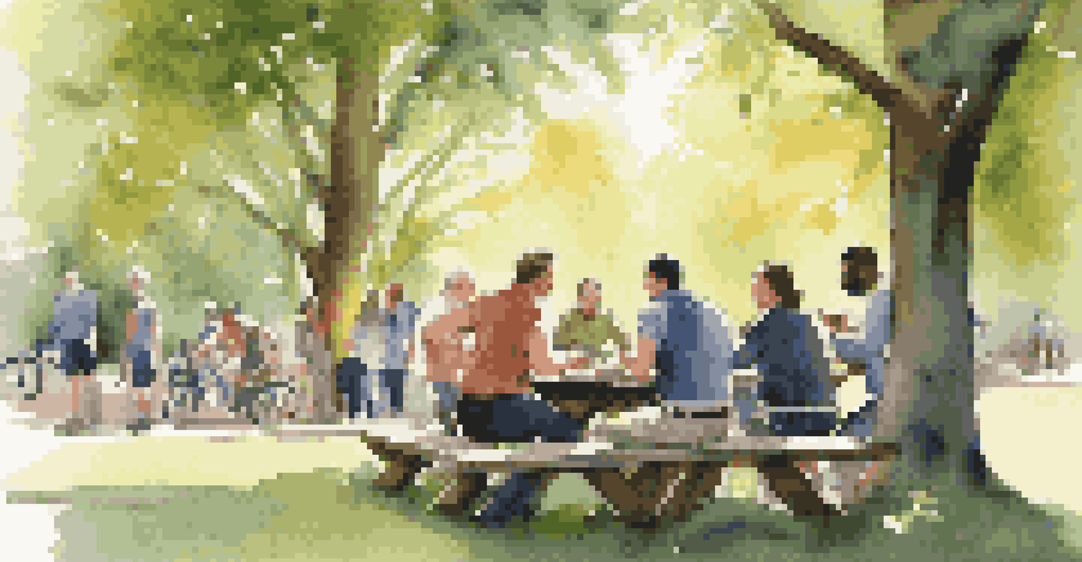 A diverse group of professionals having an outdoor meeting at a picnic table in a sunny park.