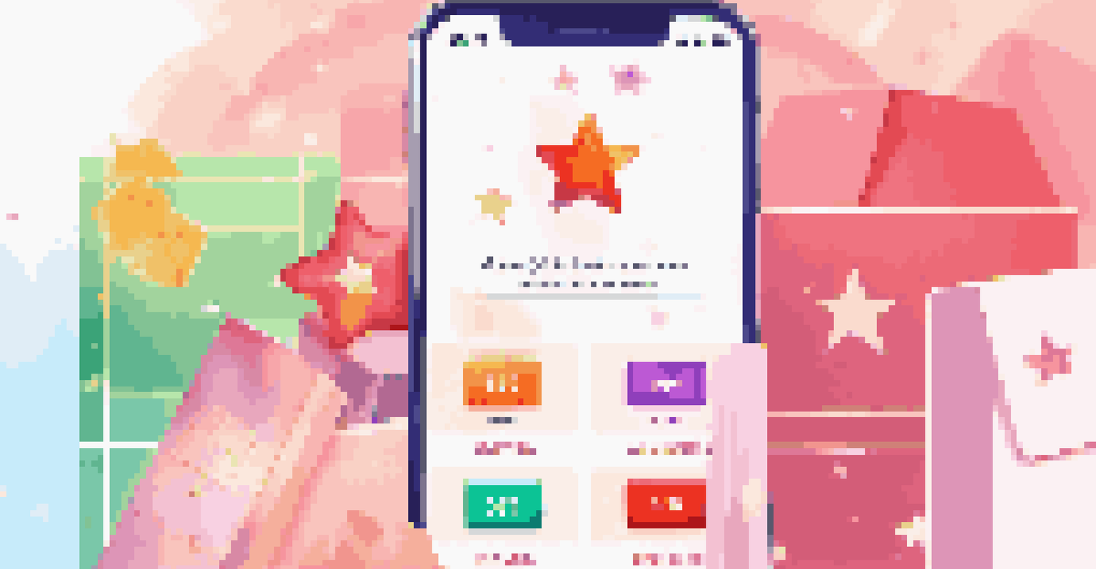 A smartphone screen showing a gamified loyalty program with stars and rewards for purchases against a modern background.