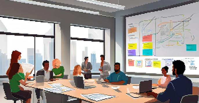 A diverse team in a bright office collaborating during an Agile meeting, surrounded by laptops and sticky notes.