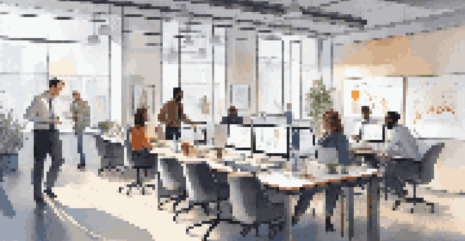 A modern office with a diverse team collaborating with laptops and charts.