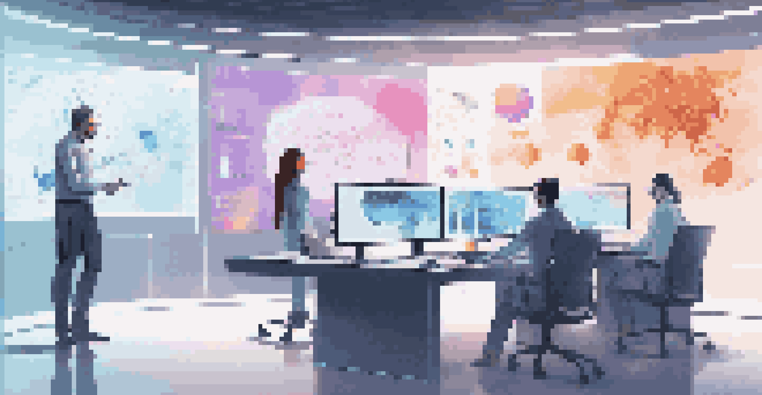 A futuristic office with a digital screen showing tasks and graphs, featuring an artificial intelligence assistant assisting a team.