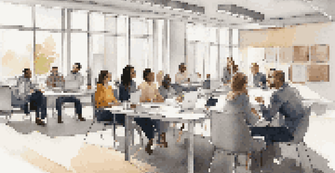 A diverse group of employees having a discussion in a modern office setting, surrounded by natural light.
