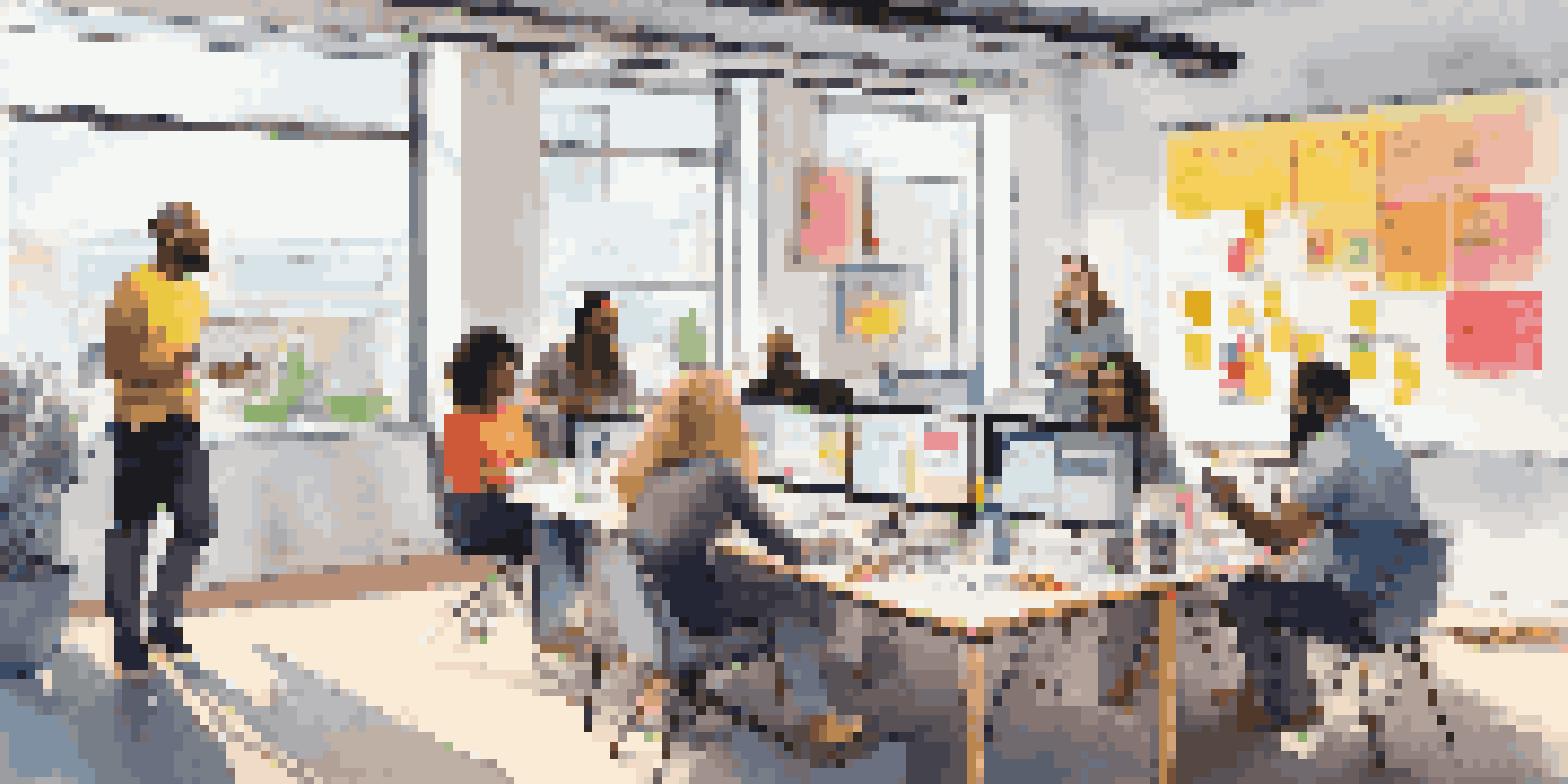 A diverse group of professionals collaborating in a bright workspace, surrounded by sticky notes and a whiteboard.