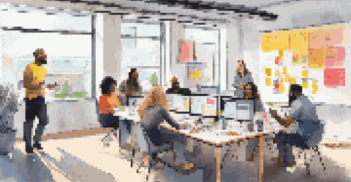 A diverse group of professionals collaborating in a bright workspace, surrounded by sticky notes and a whiteboard.